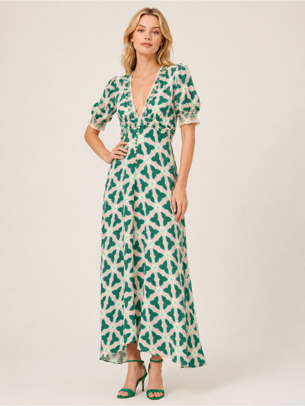 SALONI Lea Smocked Pink and Green Floral Print Maxi Dress size 4
